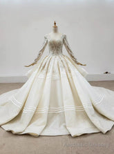 Champagne Tulle Long Sleeve Beading Sequins Backless Wedding Dress
